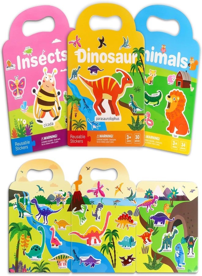 Slipps Reusable Sticker Books for Kids - Cute Waterproof Sticker for Toddler 2-6 Year Old Fun Travel Toys Learning Activities Girl Boy Gift Birthday Party Play Set (Pack of 3) Animal+Dinosaur+Insect - Image 1